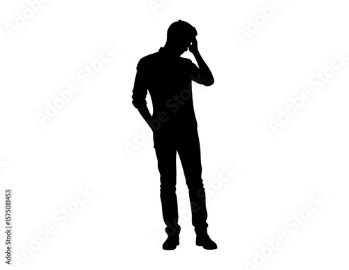 Mans black silhouette touching his head. Ideal for mental health, stress, and confusion concepts. 