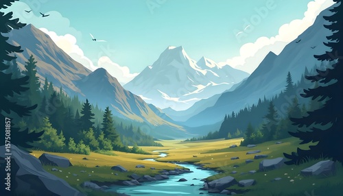 Beautiful mountain landscape painting with river and forest scenery for wallpaper and background images