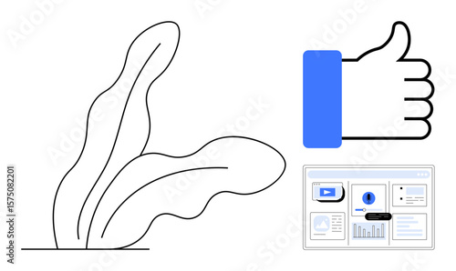 Thumbs-up gesture beside an abstract plant line art and a detailed data dashboard. Ideal for feedback, growth, analytics, approval, success, interaction, minimalistic design. A simple flat metaphor