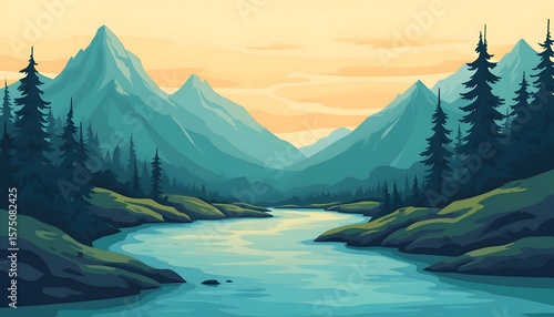 Beautiful mountain river landscape illustration for background wallpaper and scenic nature prints art design