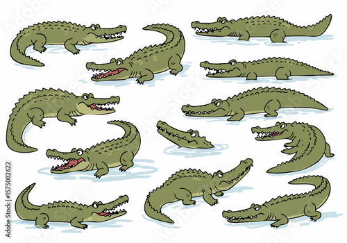 Cartoon crocodiles and alligators in various poses, some in water, isolated illustrations on white background.