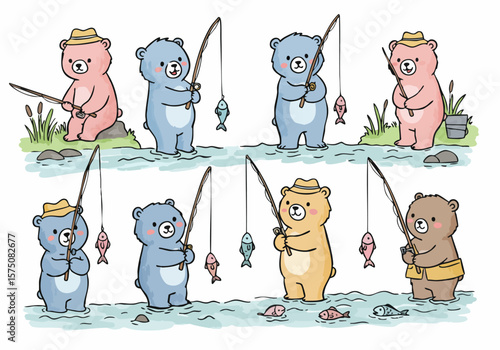 Cute Cartoon Bears Fishing in a River Illustration Set