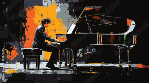 Elegant Pianist Performing on Grand Piano - Vector Illustration