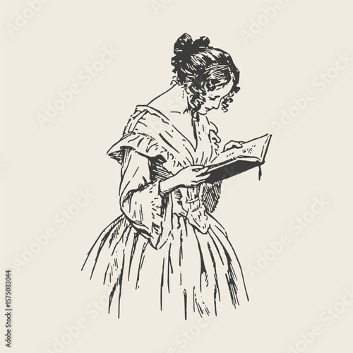 A vintage illustration of a woman reading a book, symbolizing knowledge and education. Classic engraving style, perfect for literary themes.