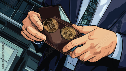 Cryptocurrency deposit concept with a man and wallet