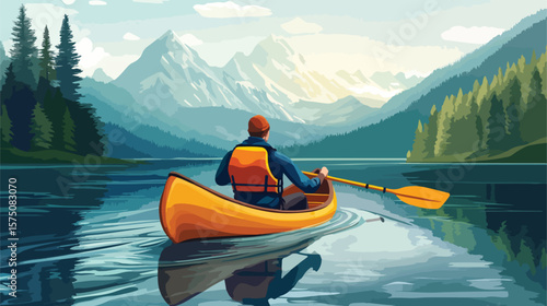 Adventure Water Sports: Man Canoe Rafting on Lake Vector Illustration