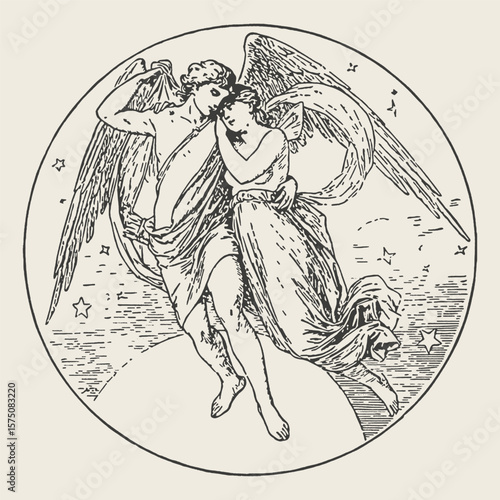A vintage black and white engraving of two angels embracing in the sky, surrounded by stars in a celestial setting.