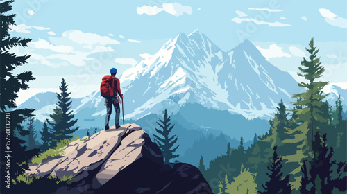 Adventurous man conquers mountain while climbing through lush forest