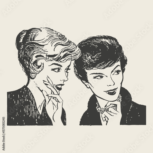 A retro-style black and white illustration of two elegant women in conversation, one whispering to the other.