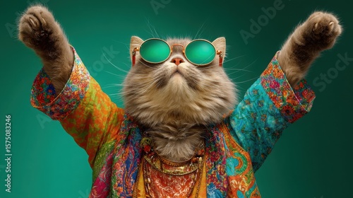 Funny Hippie Cat Wearing Psychedelic Shirt and Sunglasses Raising Arms