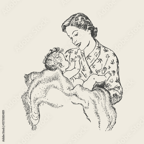 Vintage illustration of a mother lovingly holding her baby, symbolizing maternal care, love, and family warmth.