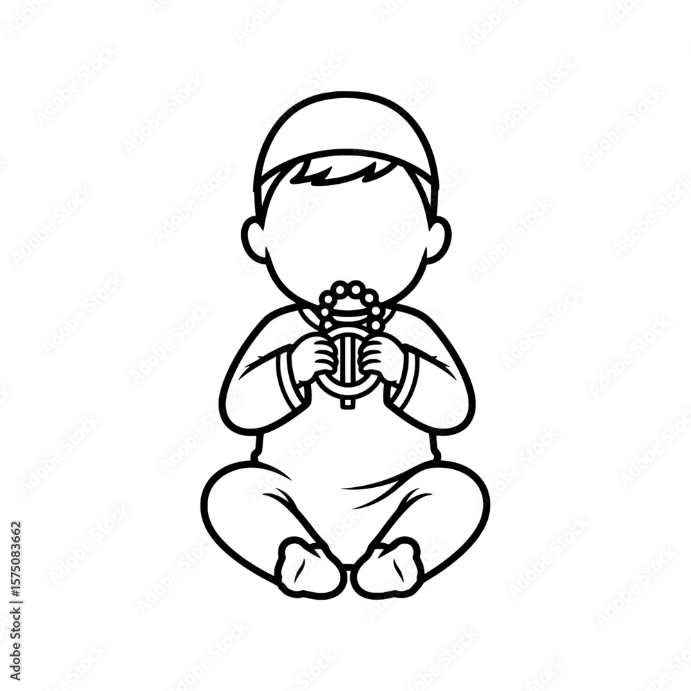 Child sitting and playing with a toy in simple outline style Child sitting and playing with a toy in simple outline style