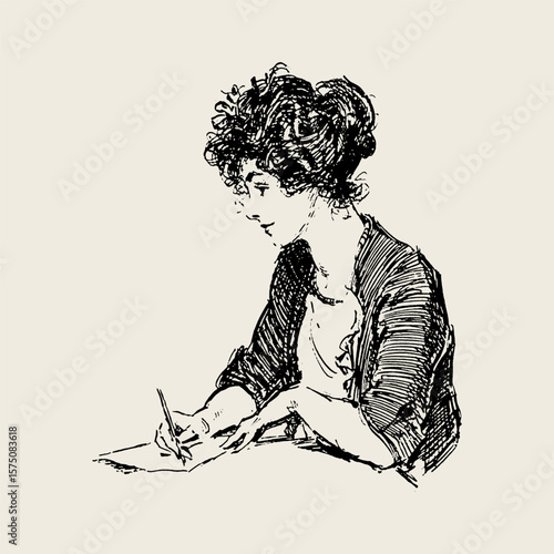 Black-and-white ink drawing of a stylish woman writing a letter. A timeless and elegant vintage sketch with a literary theme.