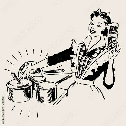 Vintage illustration of a happy housewife cooking with multiple pots on a stove, holding a can of cleanser. Perfect for retro kitchen, 1950s advertising, and homemaking themes.
