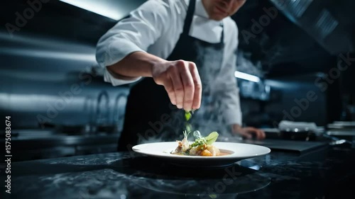Professional male chef preparing a dish in a modern dark kitchen with a stainless steel counter. He crumbles spices into a bowl, shot in cinematic motion as the camera slowly moves closer.