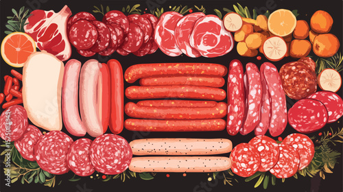 Delicious Meat Products: Sausages, Salami, Bacon on Display