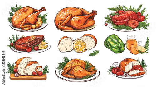 Delicious Meat Dishes with Roasted Chicken Isolated Vector