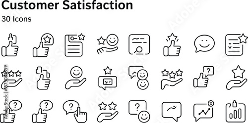 A collection of customer satisfaction icons with thumbs up, stars, and smiles