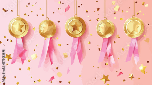 Elegant Gold and Pink Medals, Ribbons, and Laurels for Design