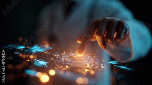 Hand Touching Futuristic Digital Data Network Connection Interface Light