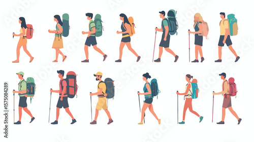 Happy Men and Women Hiking Together in Summer Nature