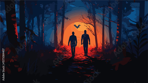 Men Walking in Spooky Forest on Halloween Night