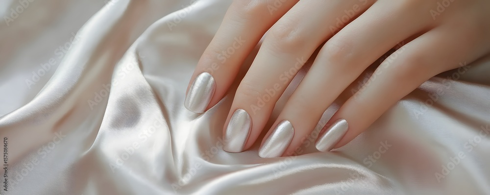 Pale pink nails with silver minimalist foil lines, woman’s hand on silk Pale pink nails with silver minimalist foil lines, woman’s hand on silk