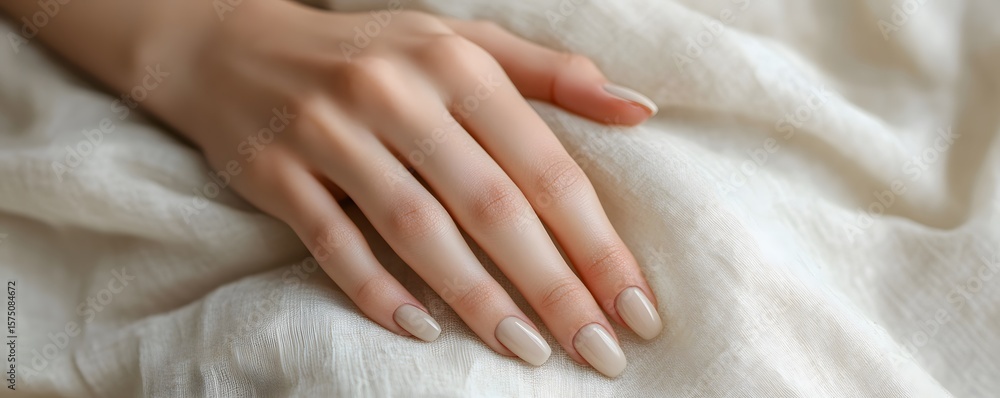 Naklejka premium Neutral gradient manicure, artistic minimalism, woman’s hand over soft linen