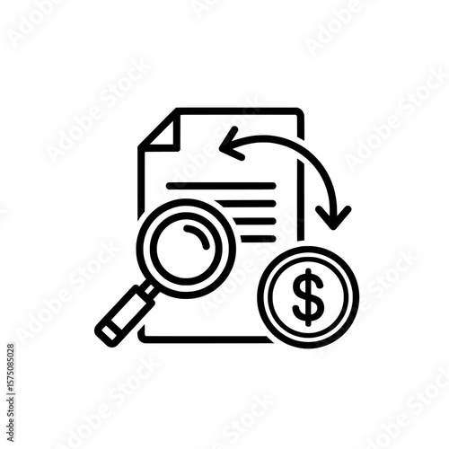 Magnifying glass over document with dollar sign for financial analysis