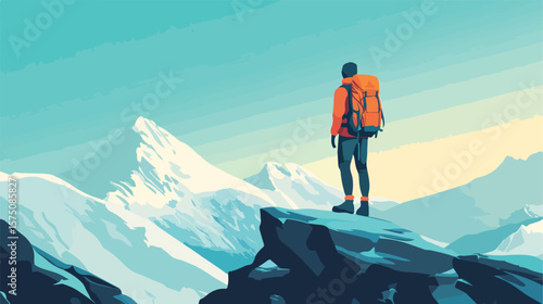 Adventurous Mountain Backpacker Standing on Cliff Exploration
