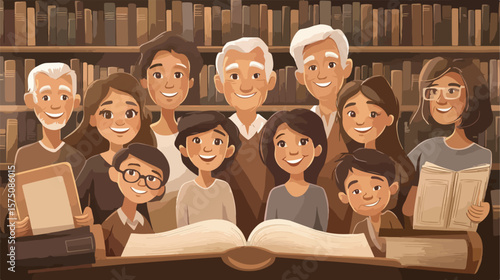 Happy multi-generation family smiling in sepia tone portrait