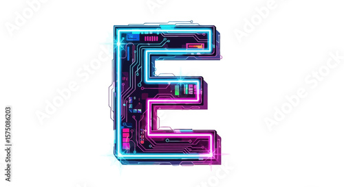 Vector futuristic neon letter e design for technology company branding and digital artwork with circuit board style