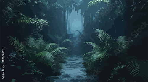 Enchanting Mysterious Tropical Rainforest with Spooky Ferns and Wet