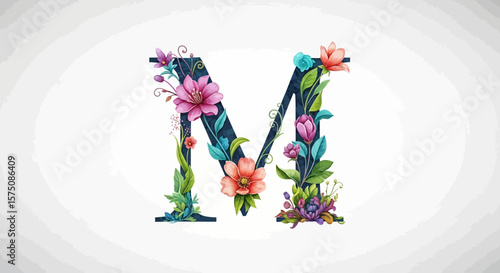 Vector floral letter m design, watercolor flower alphabet m, botanical initial m, m letter with flowers design art