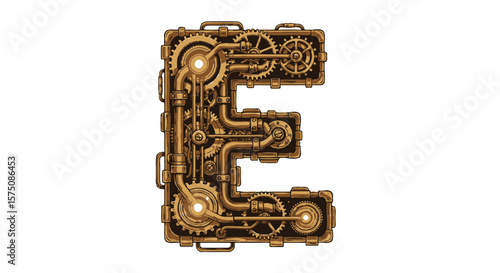 Vector steampunk letter e alphabet illustration with gears and pipes for graphic design and typography projects