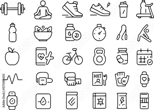 Collection of clean line art icons representing various aspects of a healthy lifestyle and fitness routine including exercise equipment and nutrition elements