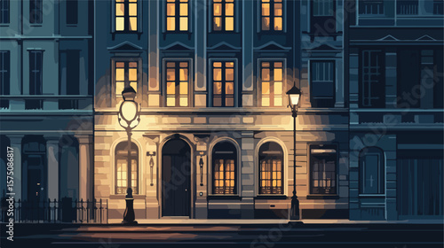 Vintage City Building Facade Illuminated at Night