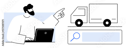 Business professional interacting with a laptop, pointing at a truck graphic next to a search bar. Ideal for logistics, delivery, e-commerce, technology, management, transport, simple landing page