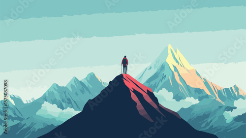 Solo Hiker Conquering Majestic Mountain Peak Exploration