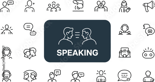A collection of line art icons representing communication and interpersonal skills