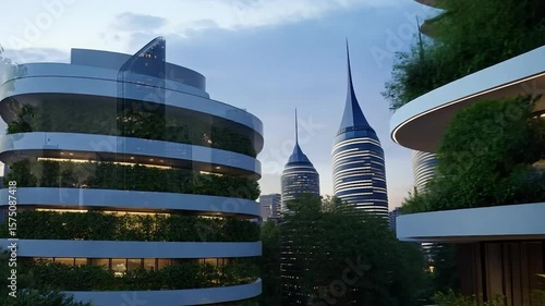 Exterior architectural design video featuring a high-rise building with layered balconies lush with vibrant green plants against a cityscape backdrop at dusk