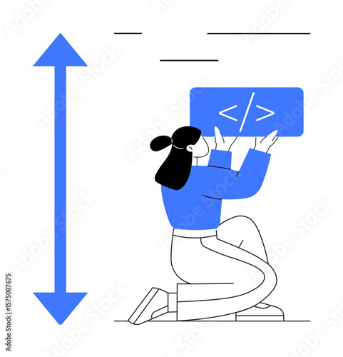 Person kneeling down holding code snippet, large vertical arrow showing responsive scaling. Ideal for coding, design, adaptability, user interface, frontend development, programming, simple landing