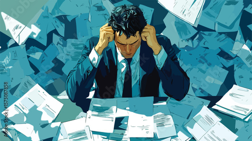 Stressed Businessman Overworked at Desk in Busy Office