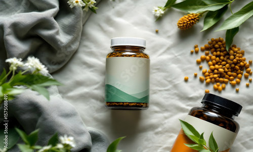 Supplements jars mockup on fabric background