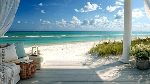Relaxing beachfront scene with white sand turquoise ocean and fluffy clouds from a shaded porch featuring cozy cushions and wicker details