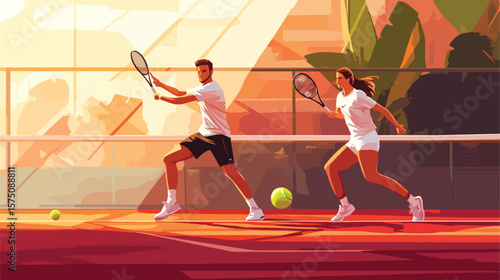 Professional Tennis Players Competing on Court