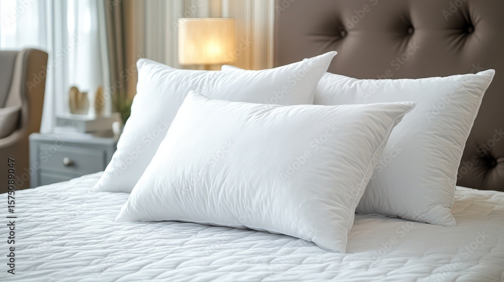 Obraz premium Three white pillows arranged on a bed with a headboard and bedside table in the background scene