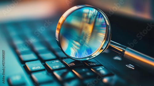 Close up of a magnifying glass resting on a laptop keyboard with a blurry background in soft lighting