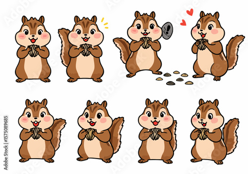 Cute cartoon chipmunk characters eating sunflower seeds, a set of isolated vector illustrations with different expressions on white background.