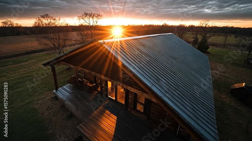 Aerial view of a cabin at sunset with dramatic sky a wooden cabin on a grassy field and the sun's rays shining through the clouds
